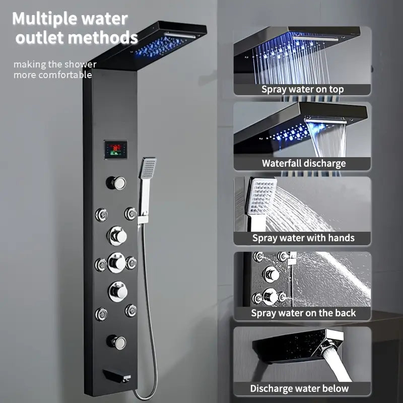 A complete shower set, battery free LED shower panel system with blue light illumination